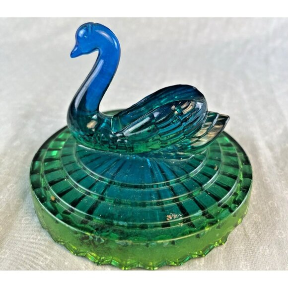 Vtg Jeannette Glass Swan Sawtooth Blue Green Ombre Trinket Dish Cover Only Chip - Picture 1 of 6